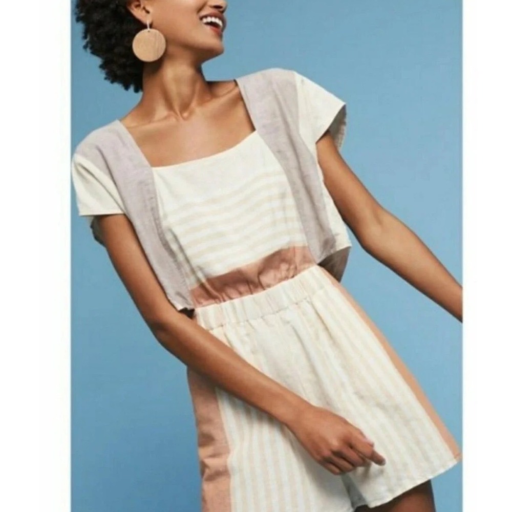 Elevenses Anthropologie Striped Cutout Romper XS Terracotta Grey‎ Linen Blend